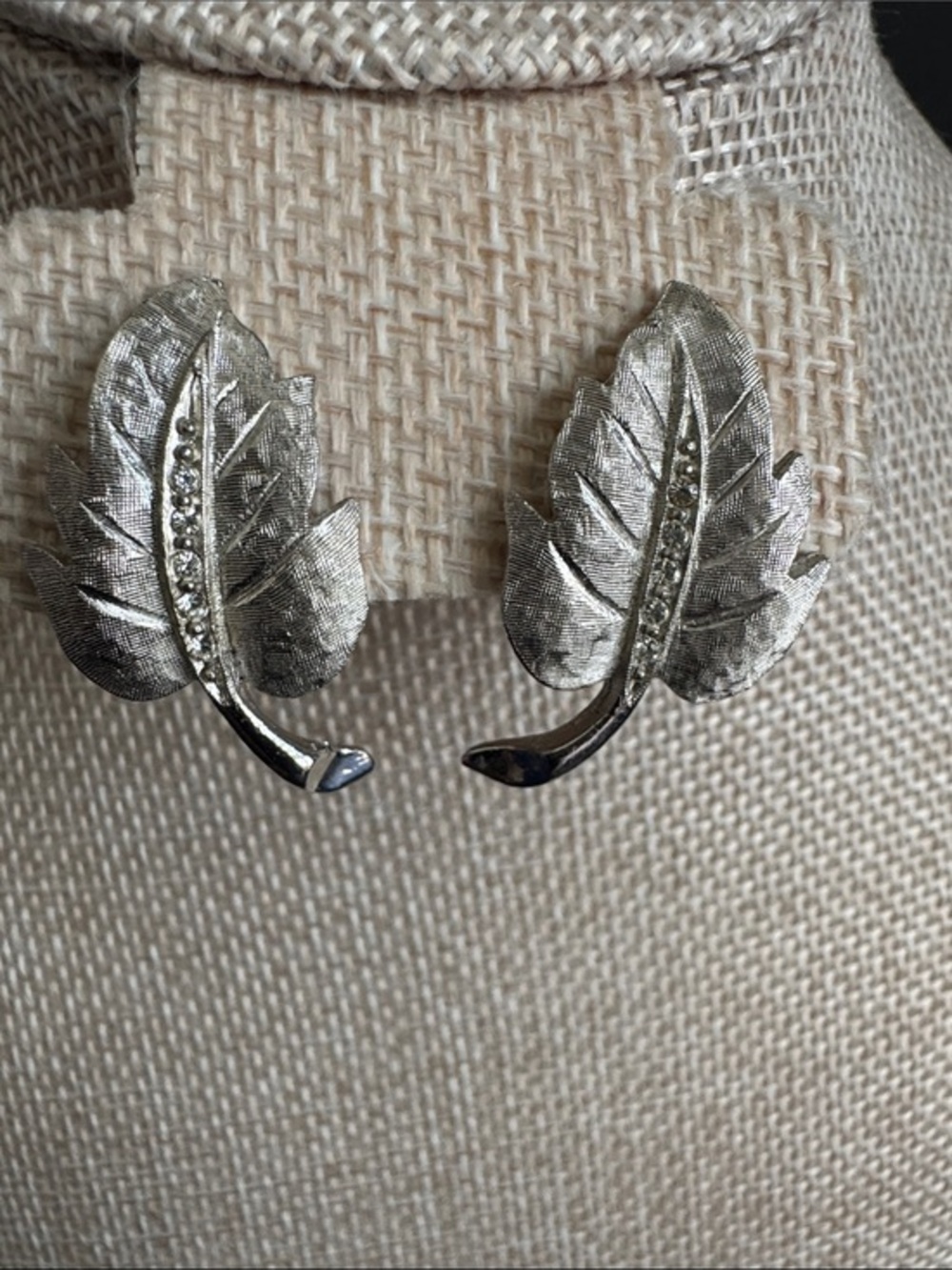 VTG Signed Charel Silver-tone Leaf Rhinestone Clip-on earrings 1950s